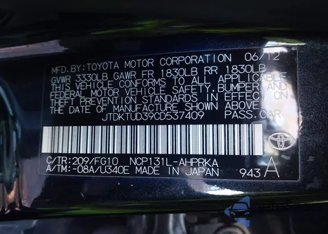 2012 Toyota Yaris Le from USA, damaged, VIN JTDKTUD39CD537409